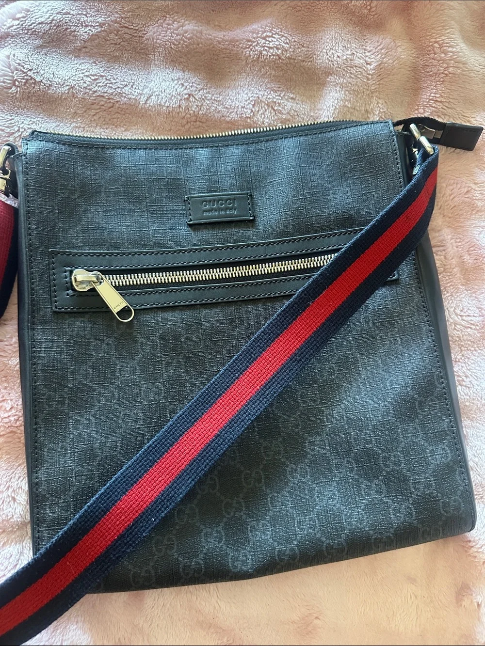 Gucci Black Monogram Messenger Bag with Red-Navy Web Strap